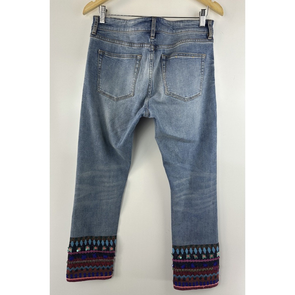 Pilcro Anthropologie Blue Denim Jeans Embellished Cuff Boho Festival Straight 28 - Picture 14 of 16